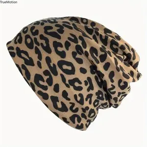Women's Stretchy Leopard Print Beanie, Soft Lightweight Boho Skull Cap, Warm Breathable Headwear for Daily Outdoor Casual