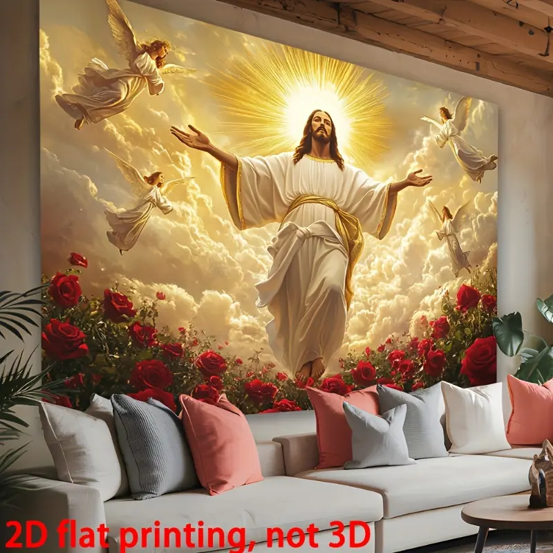 Christian Velvet Jesus Religious Wall Hanging Tapestry - HD Printed Durable Polyester, Religion-Themed Heavenly Jesus, Angels, Red Flowers, Indoor Church Spiritual Decor for Christmas, Weddings
