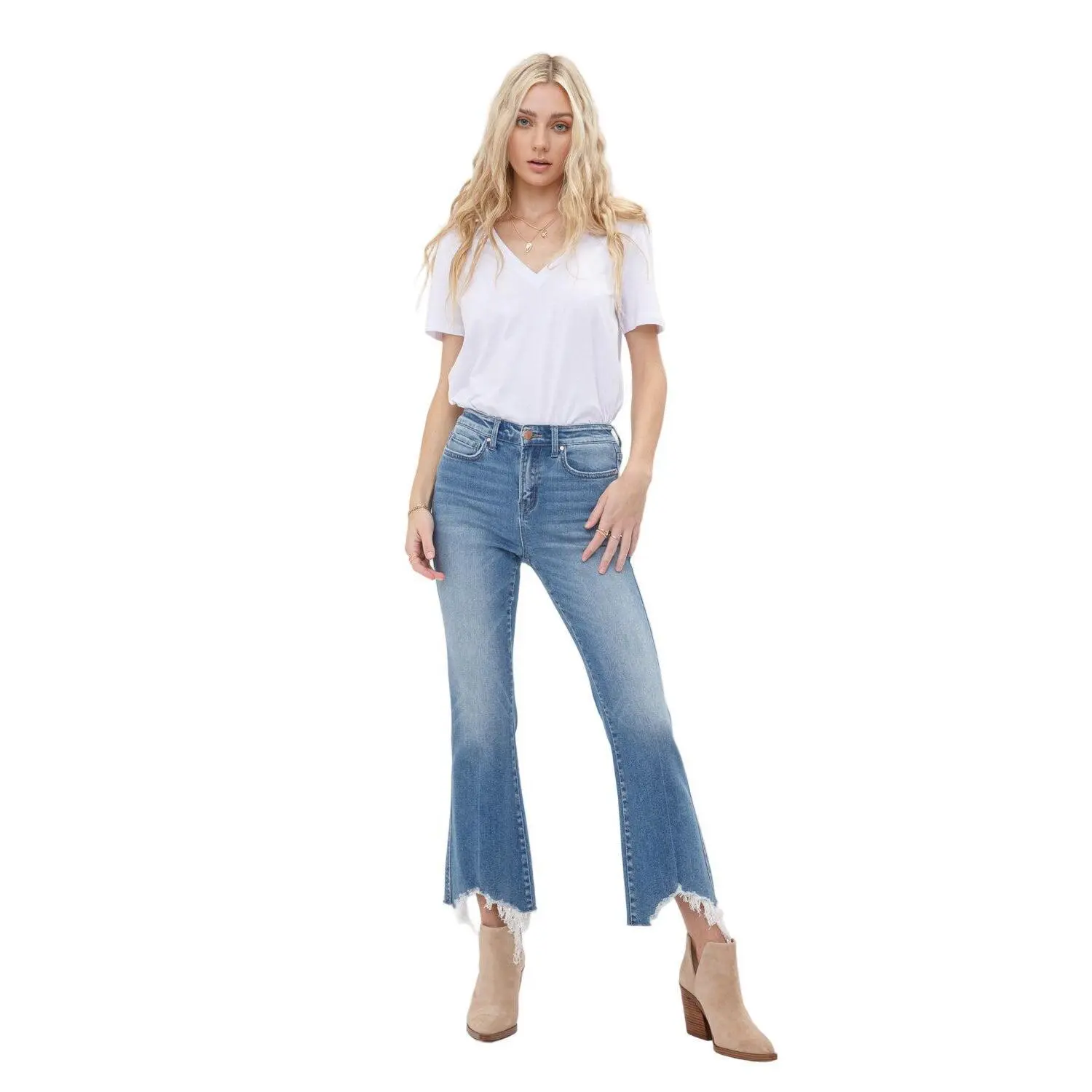 Mica Denim - High Rise Shark Bite Hem Crop Flare Jeans (27" Inseam) - MDP-F124