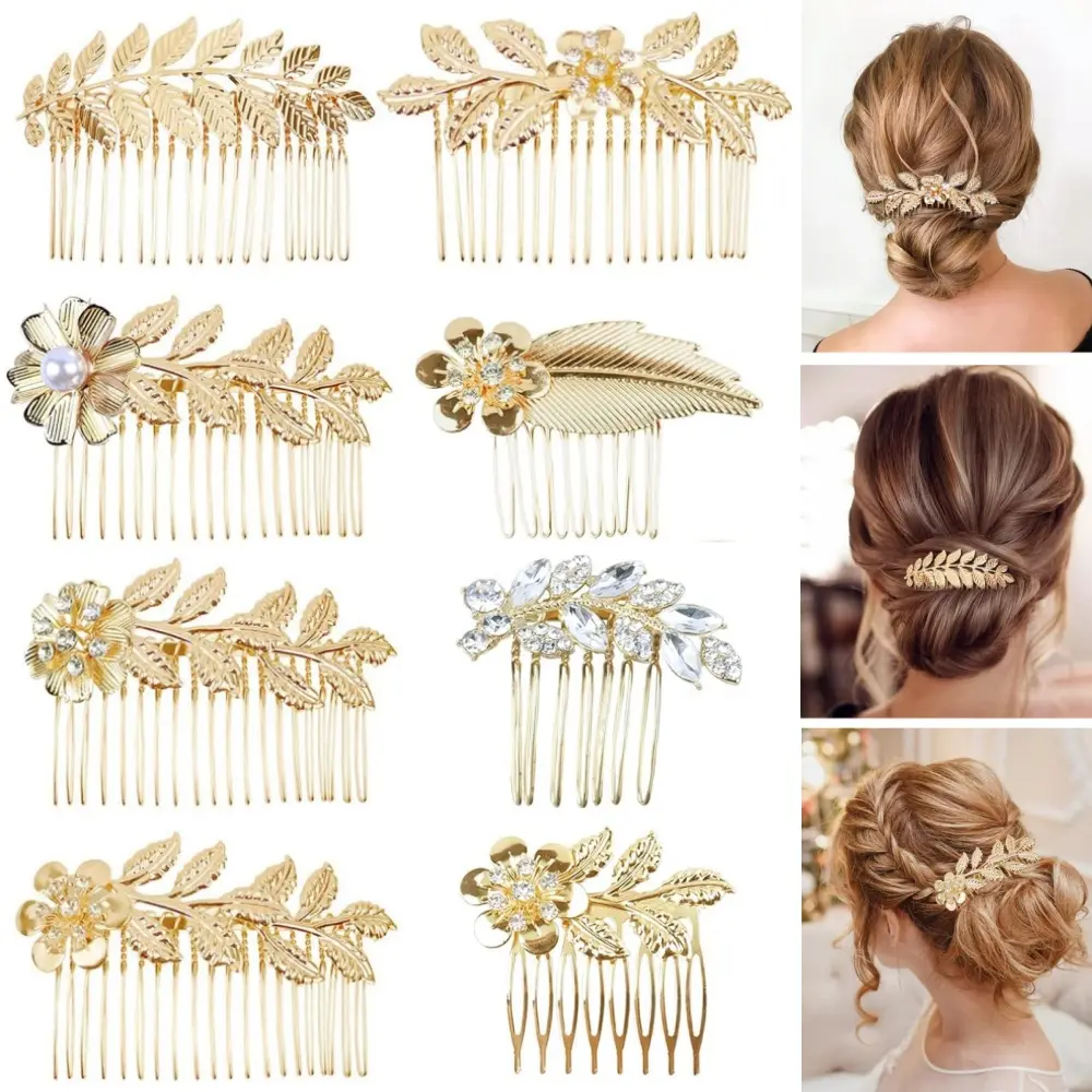 Women's 8-Piece Alloy Metal Leaf Motif Hair Side Combs - Gold Rhinestone French Twist Slides, Multi-Size Tooth Clips with Lightweight Hold for Wedding Accessories, Metal Comb with Rhinestones
