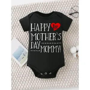 Cute Baby Bodysuit With Happy 1st Mothers Day Mommy Print Soft Versatile Round Neck Button Detail Regular Fit All Seasons Knitted Fabric Onesie