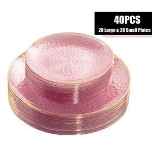 40 Piece Transparent Plastic Plates, Hammered Blue Plates, Edges, Includes 20 Dessert Plates, 20 Party Dinner Plates