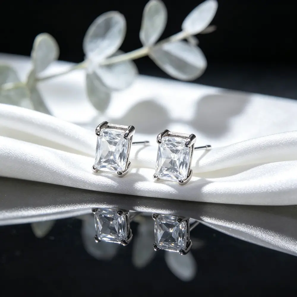 EJG Elegant Sparkle Rectangle Zirconia Stud Earrings - Hypoallergenic, Minimalist Luxury Costume Jewelry for Adults, All Seasons, Elevate Her Style, Perfect Romantic Gift, Daily, Unisex, Cubic Zirconia, Silver, Two Pack
