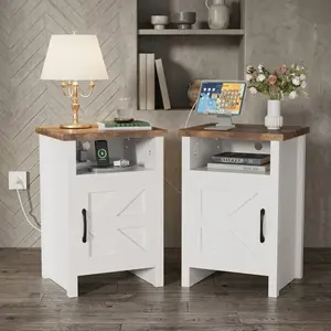 Farmhouse Modern Nightstand With Barn Door Open Storage Shelf Rustic Wooden Bedside Cabinet Stylish Side End Table Practical Home Furniture Decor For Bedroom Living Room