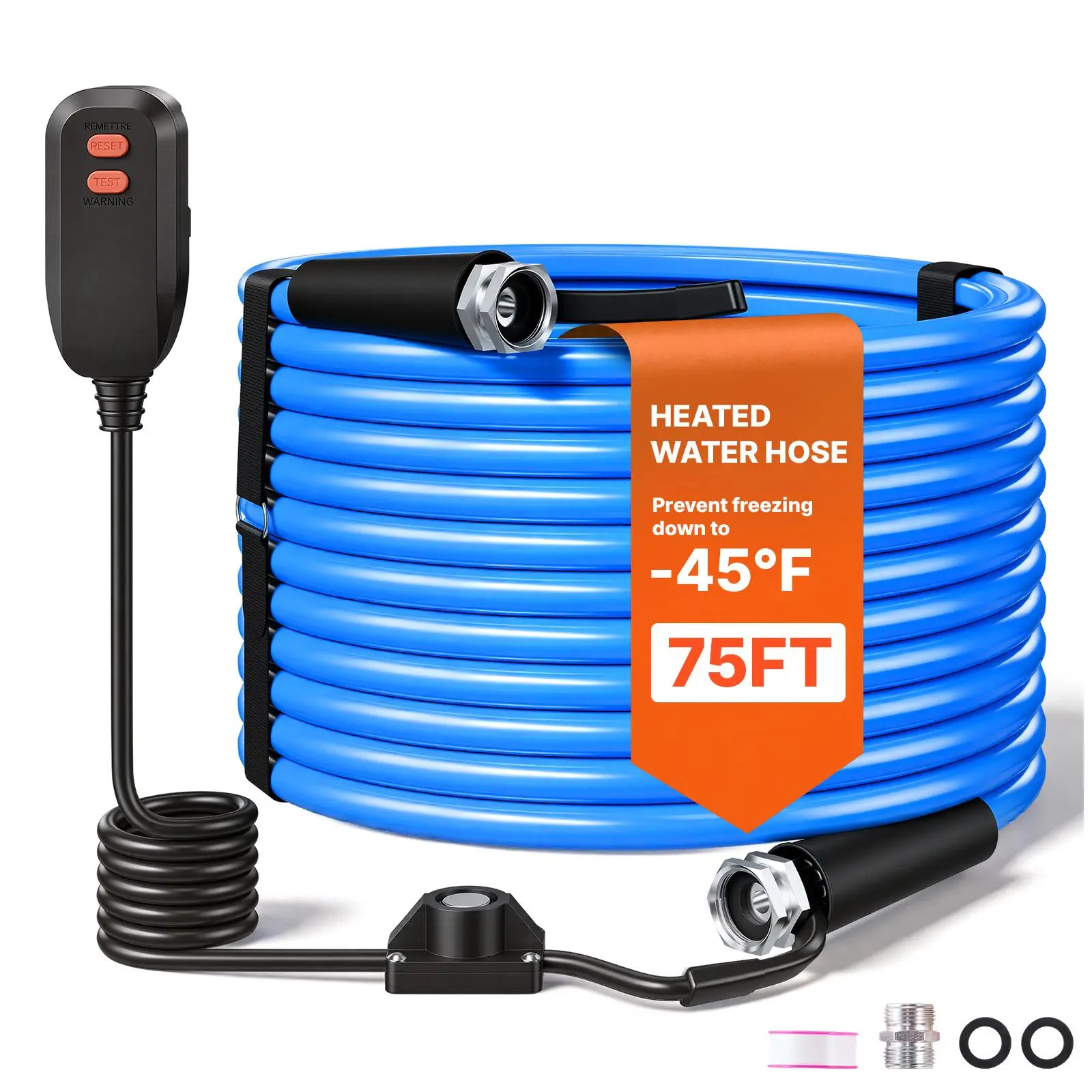 【BackToSchool】VEVOR 75FT Heated Water Hose for RV -45°F Anti Freeze Drinking Water Hose, 1/2" ID, Smooth Surface, with Leakage Protection GFCI, Built-in Thermostat, Freeze & Leak-Proof, Lead and BPA Free for RVs