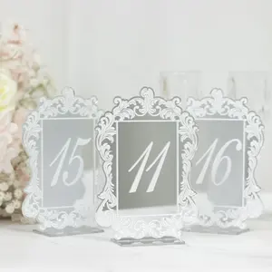 Silver Mirror Arch Acrylic Table Numbers (11-20) - 5"x7" Wedding Reception Signs with Baroque Lace Border, White Print & Stands