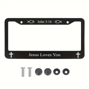 John 3:16 License Plate Frame – Jesus Loves You Christian Car Accessory – Durable Black Metal Frame