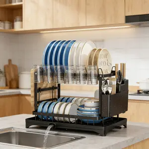 Sleek 2-Tier Black Dish Drying Rack – Foldable Countertop Organizer with Drainboard, Modern Kitchen Tableware Drainer, Clutter-Free Storage for Plates, Bowls & Utensils