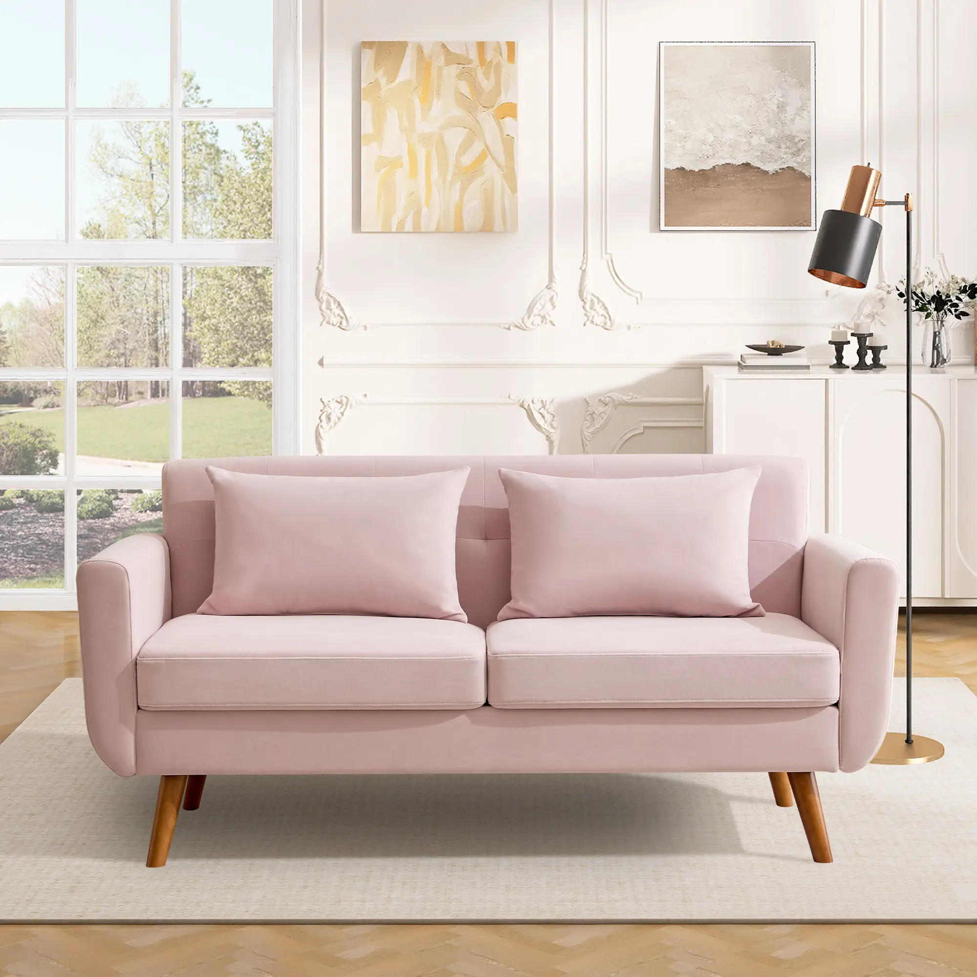 Tbfit 65" Buttons Tufted Couch - Sturdy Iron Frame Velvet 2-Seater Loveseat, Cushioned Seats Small Couch with Easy Assembly for Living Room, Pink, Cushioned Seats Couch