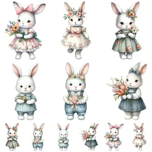 12pcs Cute Cartoon Animal Rabbit Heat Transfer Stickers, Washable DTF Iron-On Patches for DIY Clothes, T-Shirts, Hats, Backpacks