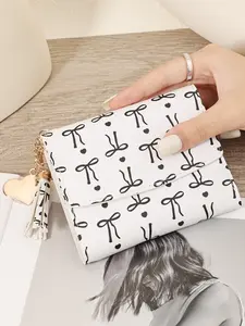 New minimalist bow print women's multifunctional short style credit card storage bag with tassel decoration multifunctional wallet, foldable wallet, Trendy Wallet, school dormitory and back to school bag for school supplies