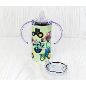 12 oz Stainless Steel Sippy Cup - Boys Tractor Motorcycle Water Bottle - Insulated Reusable - Straw - Personalized Custom with Handle