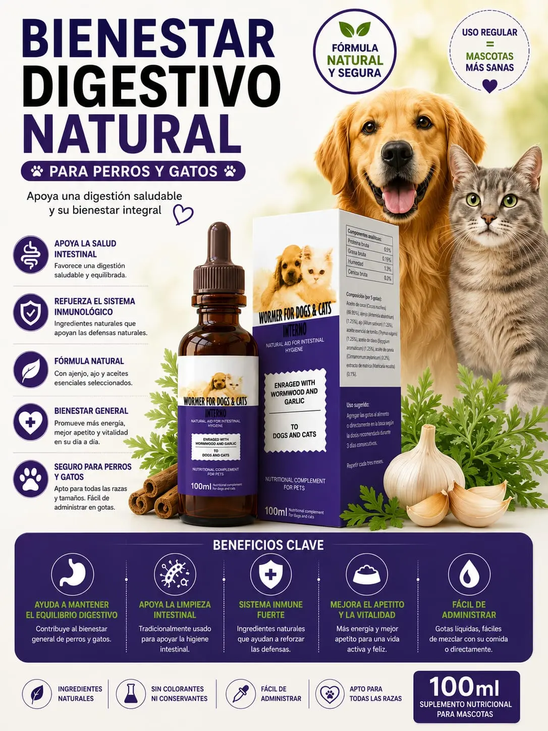 Natural Digestive Support Drops for Dogs & Cats - Wormwood & Garlic 100Ml