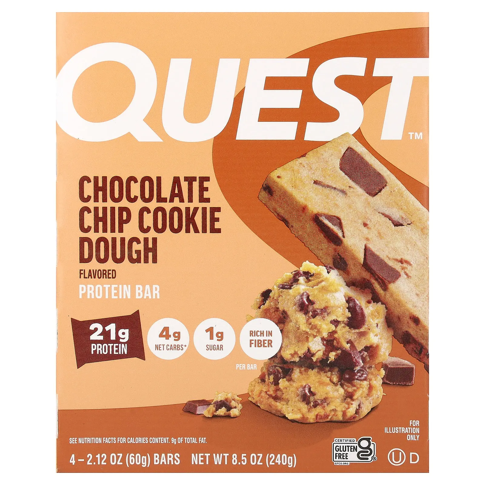 Quest Nutrition Protein Bar, Chocolate Chip Cookie Dough, 4 Bars, 2.12 oz (60 g) Each