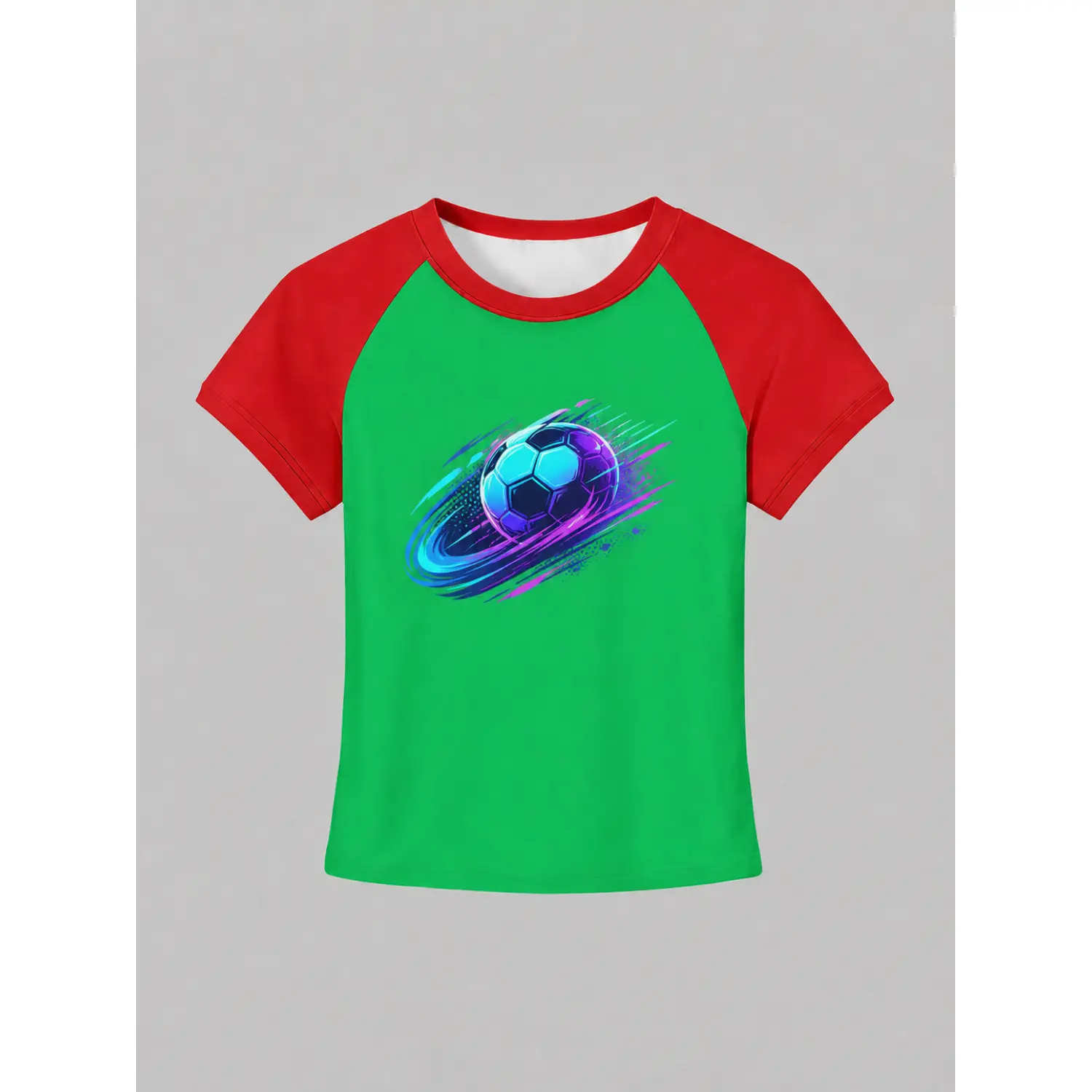 Women's Green Raglan Soccer Jersey with Red Sleeves and Neon Soccer Ball Design