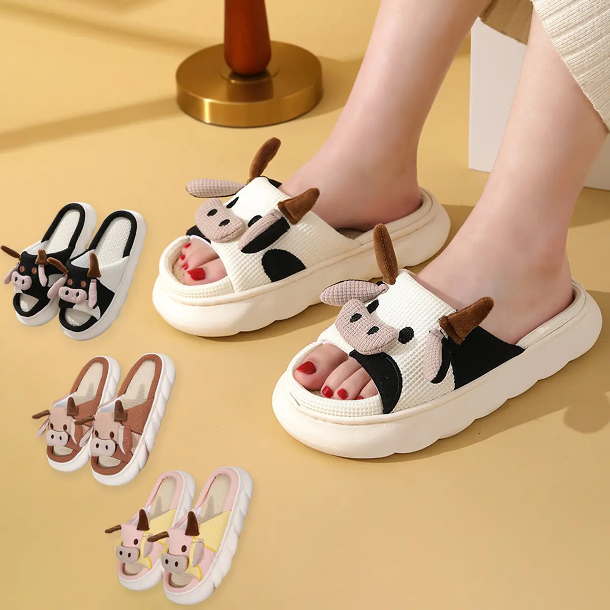 Soft Cow Cartoon Linen Slippers for Indoor Comfort - TikTok Shop