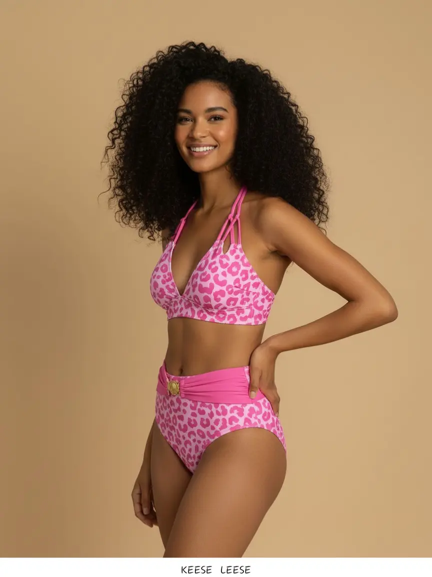 Women's High Waisted Swimsuit - Cute Tankini Set, Pink Leopard Pattern Tankini Suit, Swimmable Pink Pool Women's Tankinis Set for Beach, Pool (Sports & Outdoor Swimwear), Swimmable Women's Tankinis Set