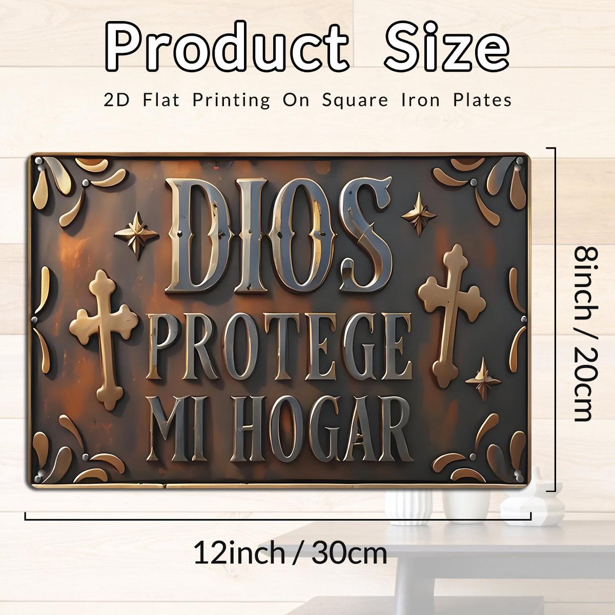 2D Flat Print Religious "Dios Protege Mi Hogar" Metal Tin Sign 12x8 Inch - Spanish God Protect My Home Wall Decor with Cross Design - Metal Plaque for Home, Porch, Garage & Indoor Decoration
