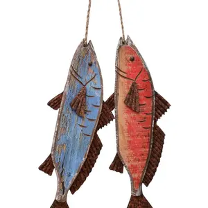 Wooden Fish Decor Hanging Wood Fish Decorations for Wall, Rustic Nautical Fish Decor Beach Theme Home Decoration Fish Sculpture Home Decor for Bathroom Bedroom Lake House Decoration Gift Set Decorative Door Hand Lightweight Mount Ornaments