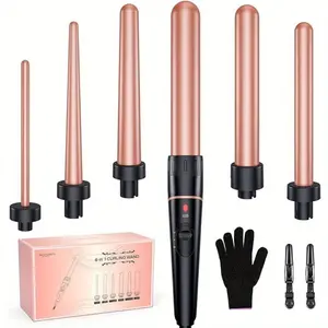 6 in 1 Curling Wand, Long Barrel Curling Iron Wand Set, Set with Ceramic Barrel for Long/Medium Hair, Interchangeable Hair Wand Curler, Dual Voltage, Include Glove & Clips