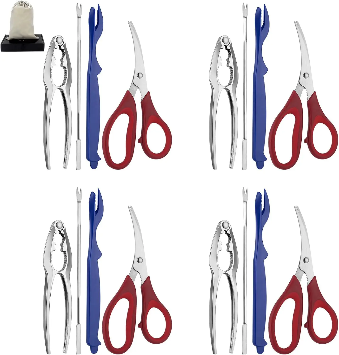 17Pcs Seafood Tools Set includes 4 Crab Crackers 4 Seafood Fork 4 Lobster Crackers 4 Seafood Scissors -Nut Cracker and Storage Bag