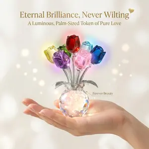 Colorful Rose Flower Crystal Figurine with Vase Bouquet K9 Crystal Handmade Ornament for Wife Girlfriend Women Home Table Decor Wife Mom Women on Mother's Day Valentine's Anniversary Christmas