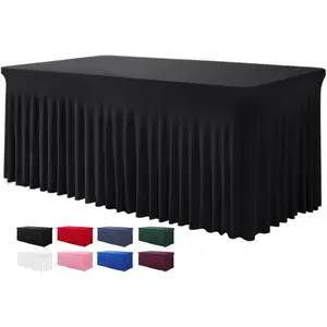 Table Skirts for Rectangle Tables 4ft/5ft/6ft - One-Piece Black Tablecloths and Skirt, Wrinkle Resistant Ruffles Elastic Cover for Banquets, Weddings, Events, Parties