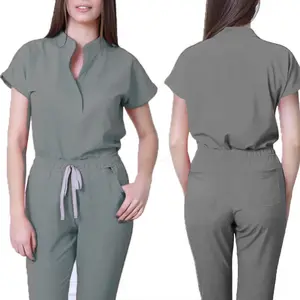 Women's Nurse Jumpsuit Stand Collar Short Sleeve Multi-Color Drawstring Waist Multi-Pocket Medical Uniform Healthcare Workwear