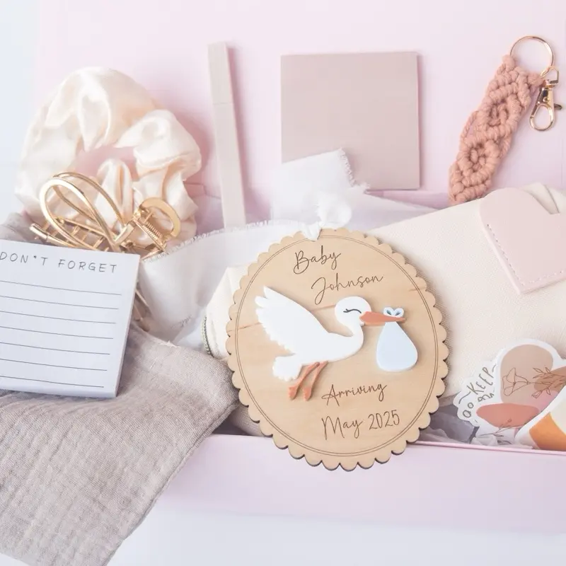Golden Fern Personalized Stork Baby Announcement Ornament, Custom Name, Gender Reveal & Baby Shower Keepsake Gift, New Mom Gift Box, Baby Gift Box