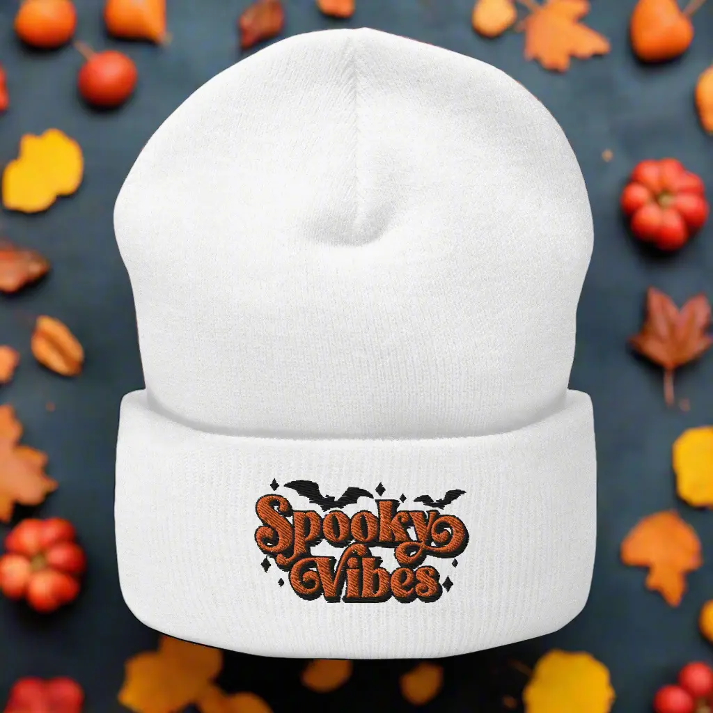 Women's Cuffed Knit Beanie with Spooky Embroidery, Super Soft and Warm Winter Hat for Daily Casual Wear, Everyday, Clothes, Cozy Warmth, Fashion, Pumpkin Patch, Brisk Walk, Chilly Nights, Cozy Day At Home, Super Soft Knit, Cuffed Beanie, Female, Knitted F
