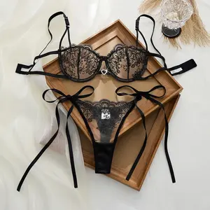 Women's Eyelash Lace & Embroidery Lingerie Set - Push-Up Bra Set with Plain Accents for Fashion Intimate Wear