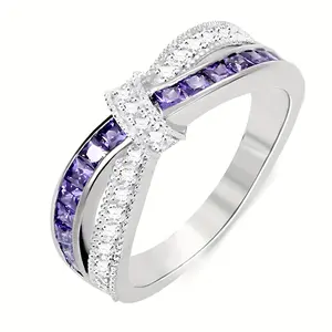 Cross Bow Ring with Colorful Shiny Zirconia Inlay, Purple Zirconia, Female Finger Ring for Daily Party Holiday Gift, Includes Gift Box