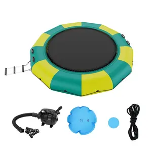 Inflatable Water Bouncer, 12ft Recreational Water Trampoline, Portable Bounce Swim Platform with 3-Step Ladder & Electric Air Pump, Kids Adults Floating Rebounder for Pool, Lake, Water Sports