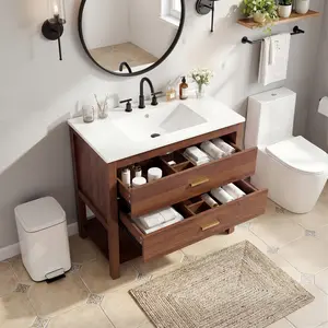 36" Bathroom Vanity with Sink Combo – Mid Century Modern Vanity Cabinet with U-Shape Drawers, Bottom Shelf & Glossy Ceramic Basin, Space-Saving Design for Guest Restroom – Walnut