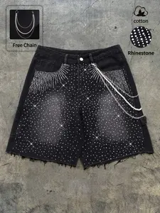 Men's Rhinestone Workwear Jeans Shorts, Loose Fit Sparkly Jean Shorts, Knee-Length with Pockets, Casual Street Style, Free Pearl Chain Accessory