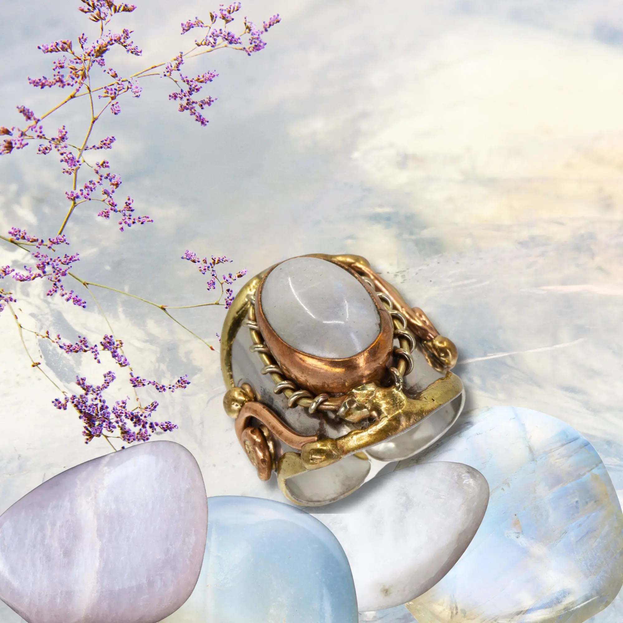 Mixed Metal Statement Cuff Bracelet - Rainbow Moonstone