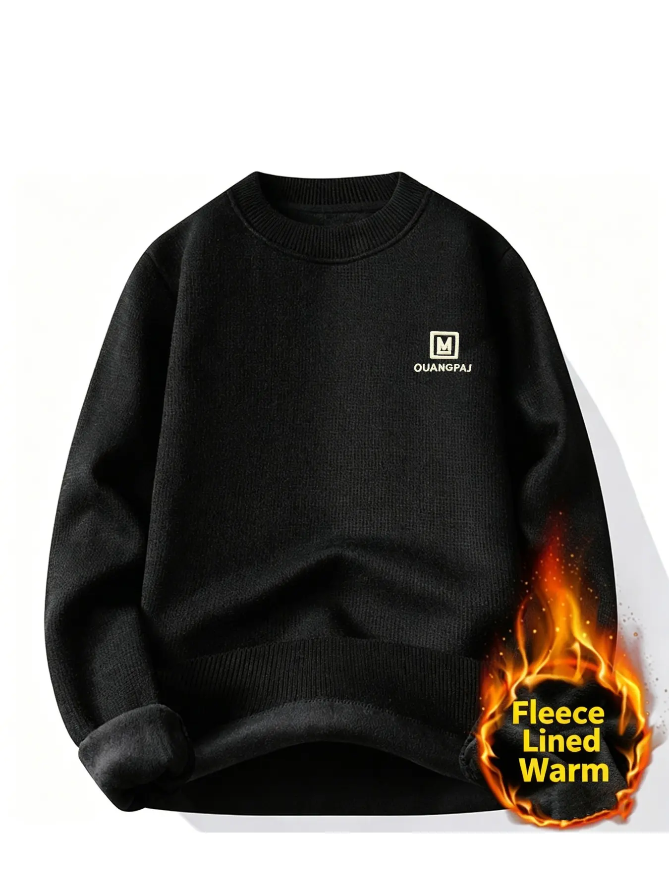 Men's Fleece Lined Round Neck Sweater, Thick Warm Knit Top, Embroidered Crewneck Pullover, Casual Fall Winter Wear, Essential Daily