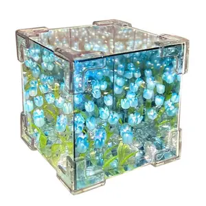 LED Tulip Flower Cube Night Light (4 Colors) - Decorative Night Light, DIY Artificial Floral Decor, Creative Desktop & Bedside Decoration, Gift for Girlfriend Valentine's/Mother's Day/Kids' Birthday