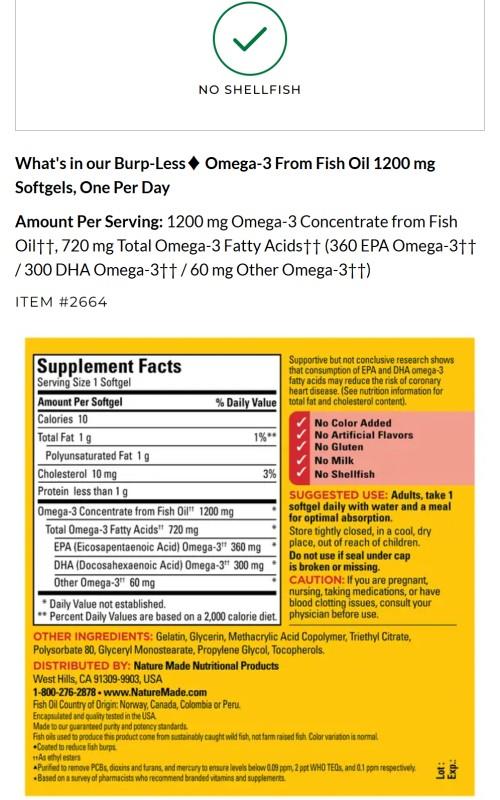 Burp-Less♦ Omega-3 From Fish Oil 1200 mg Softgels, One Per Day