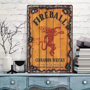Fireball Cinnamon Whisky Vintage Metal Sign, Wall Art Poster for Restaurant, Bar, Pub, Cafe, Coffee Shop, Home Decor, Novelty Decor
