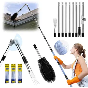 11.8 FT Gutter Cleaning Tools From the Ground, No Ladder Needed - Adjustable Gutter Cleaner Pole with Brush & Shovel for Roof Rain Gutters, Cleans Leaves, Branches & Debris, with Grip Tapes