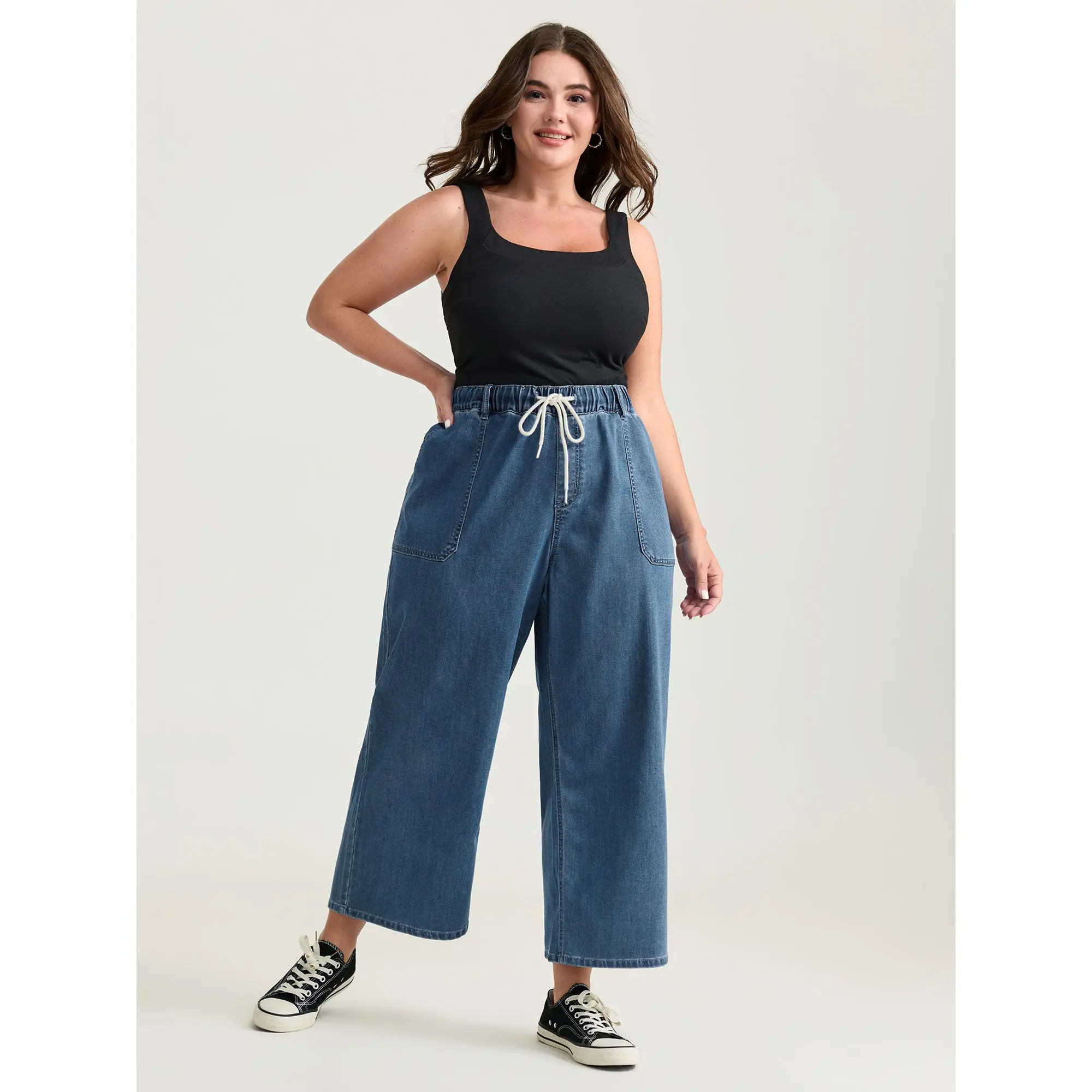 BloomChic Women's Curvy Plus Size Pull-On Wide-Leg Jeans - Summer Turn-Up Cuff, Drawstring Elastic Waistband, Light Blue Denim, 2026, Rayon Fabric, Functional Pockets, Loose-Flattering Fit Garment, Women's Clothing, Bottom, Plus Size Clothes, Curvy Women