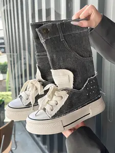 Vintage Washed Denim Foldable Mid-Calf Patchwork Design Trendy Boots for Women, Thick Sole Height-Boosting Canvas Shoes, Street Style Lace-Up High Top, Comfortable All-Season Footwear, Walking Shoes