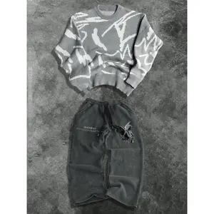 Street Casual Set Unisex Knit Sweater Long Sleeve Top & Printed Pants Two-Piece, Fall Winter Loose Fit Fashion Outfit