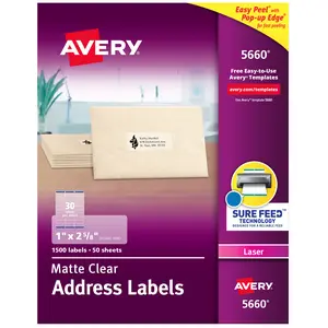 Avery Printable Address Labels with Sure Feed Technology, 1" x 2-5/8", Matte Clear, Compatible with Laser Printers, 1,500 Blank Labels Total (5660)