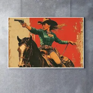 Vintage Western Cowgirl Riding Poster, Classic Wild West Horseback Adventure Art Print, Gift From A Western Lover, Perfect For Ranch House, Cabin, Man Cave Or Rustic Western Wall Decor