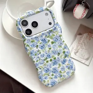 Blue Hydrangea Floral Phone Case ,Cute Wavy Curved Edge Glossy Protective Shockproof Rugged Cover, Dual Layer Soft TPU Bumper Hard Shell Design for iPhone 11 12 13 14 15 16 17 Pro Max Air, Watercolor Flower
