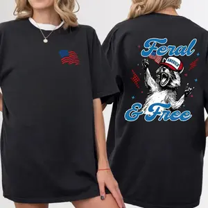 Feral and Free Patriotic Raccoon T-Shirt, Hoodie, Sweatshirt, USA Flag Hat Graphic Tee, Funny 4th of July Animal Shirt for Women’s Summer Outfit