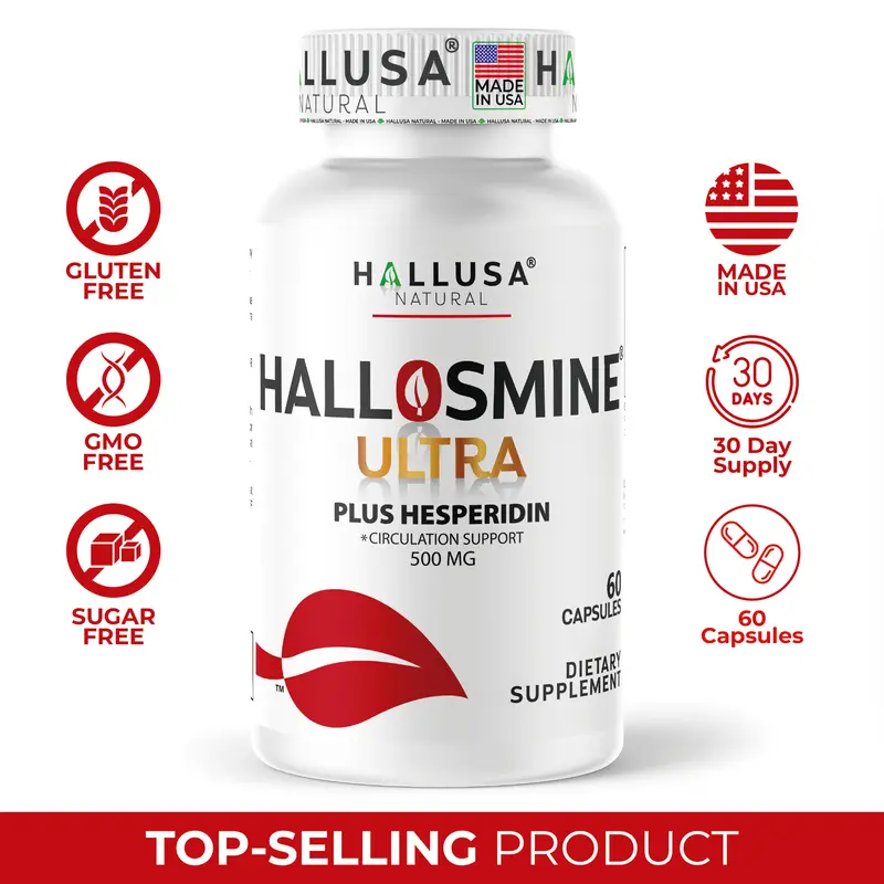 HALLUSA NATURAL Hallosmine Ultra - Diosmin 500 mg & Hesperidin 150 mg - 60 Veggie Capsules - Vegan, Organic, Gluten-Free, GMO-Free, Sugar-Free - Circulation Support Supplement - Healthcare Wellness Vitamins