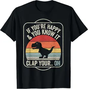 Catch Some Rays Vintage Retro If You're Happy and You Know It T-Rex Dinosaur Unisex Adult Black Short Sleeve Classic Fit T-Shirt Pure Cotton Graphic Tees Menswear Top: Gifts for Men & Women